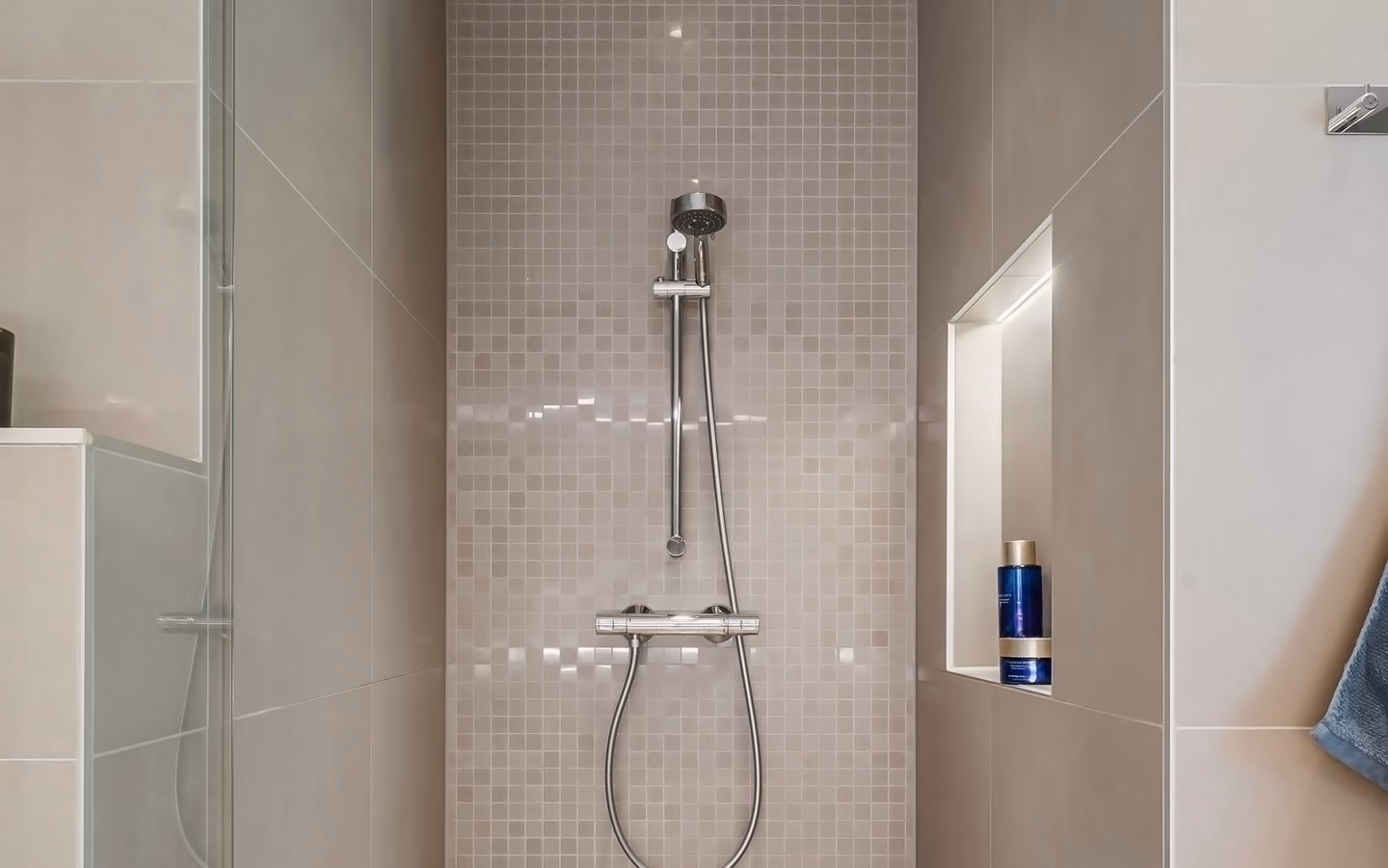 Minimal tiled shower with a glass panel, rainfall fixture, and visually continuous floor