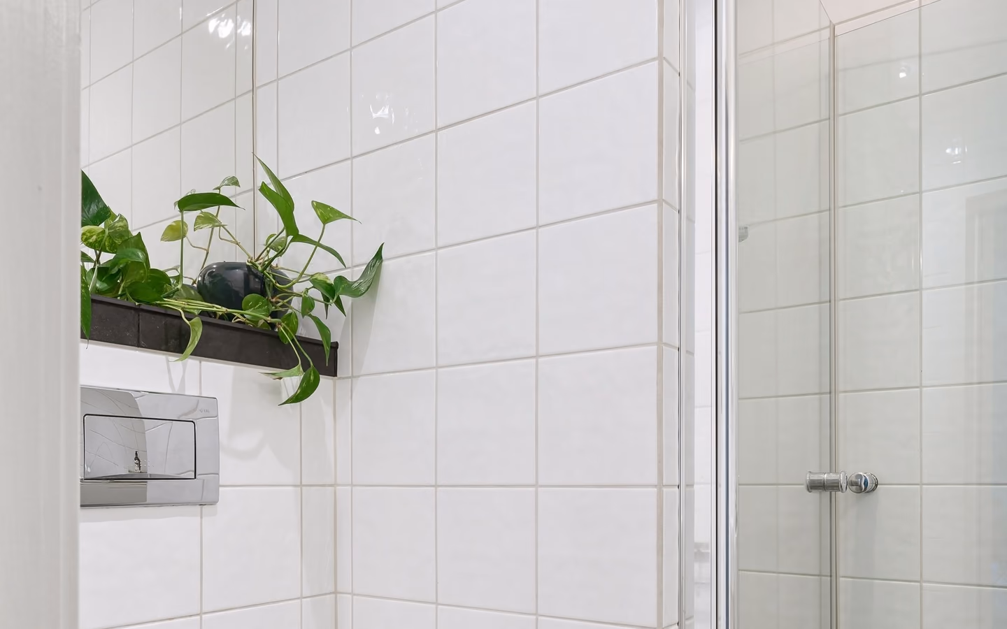Compact white bathroom with geometric floor tile, streamlined fixtures, and trailing plants