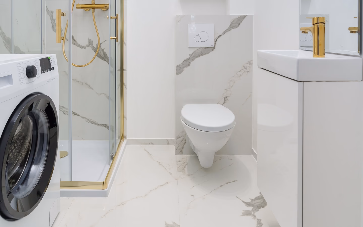 Minimal modern bathroom with a floating vanity, open shower, and restrained white surfaces