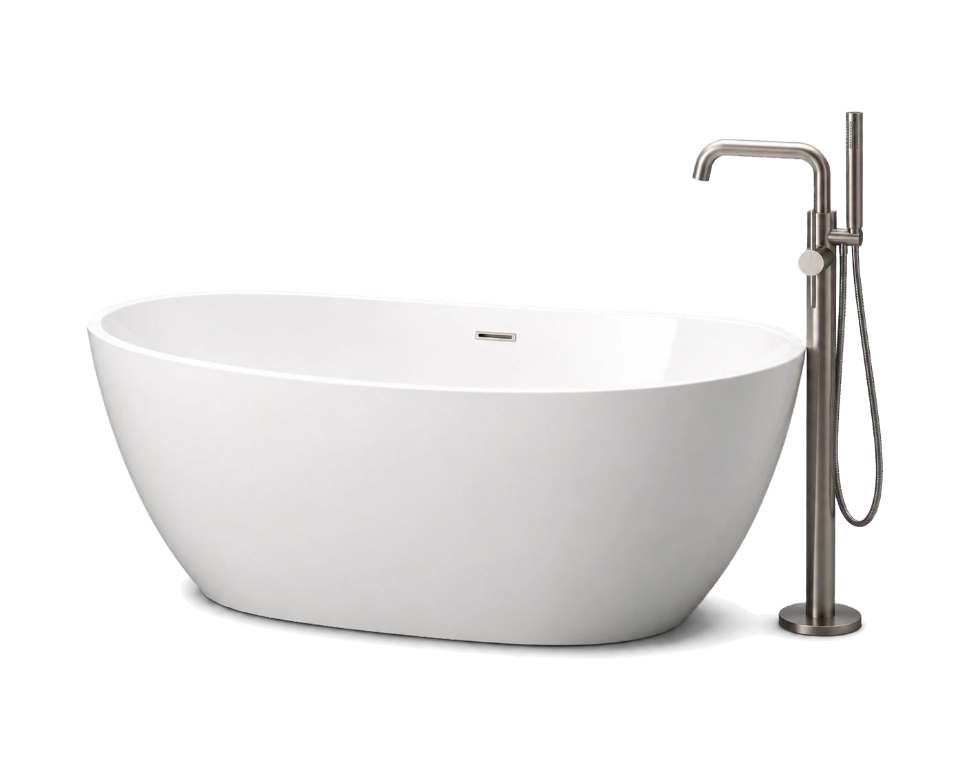 3D catalog rendering of a white freestanding bathtub with a brushed nickel floor-mounted filler
