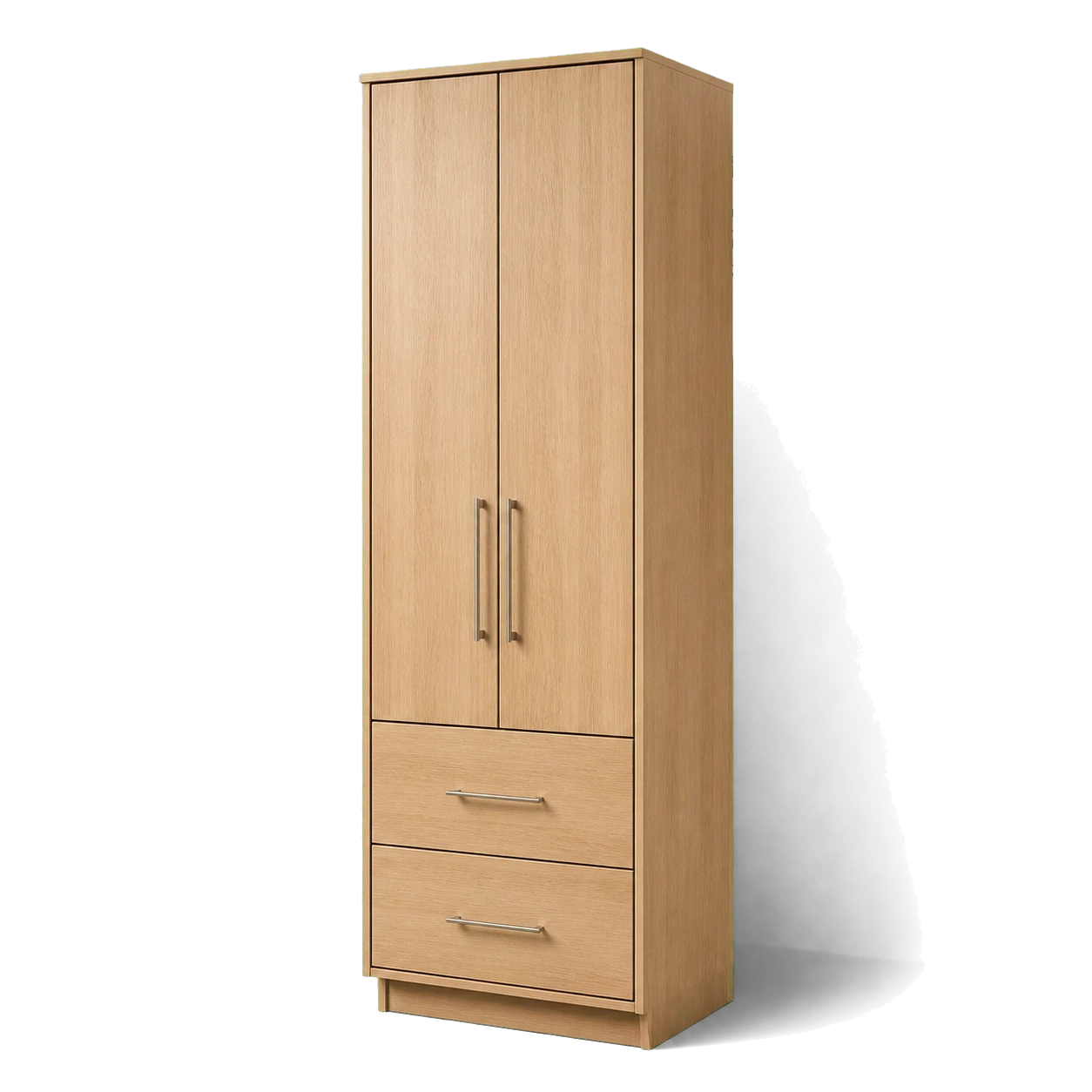 3D catalog rendering of a tall light oak bathroom linen cabinet with doors and drawers