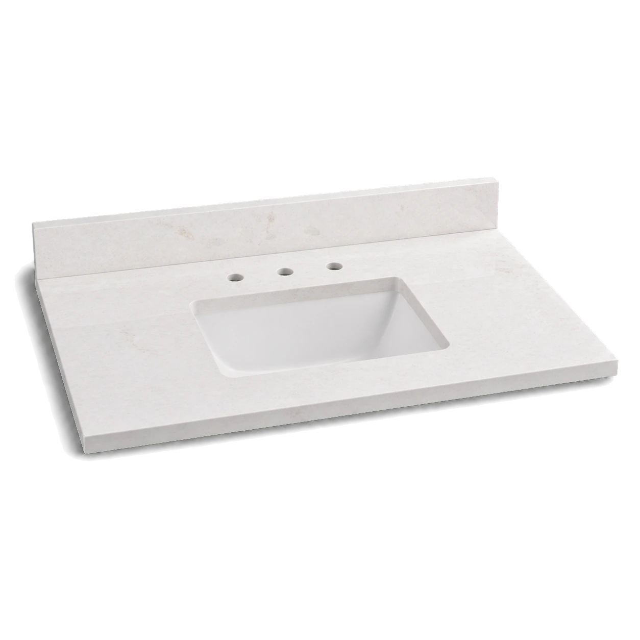 3D catalog rendering of a white quartz vanity countertop with backsplash and sink cutout