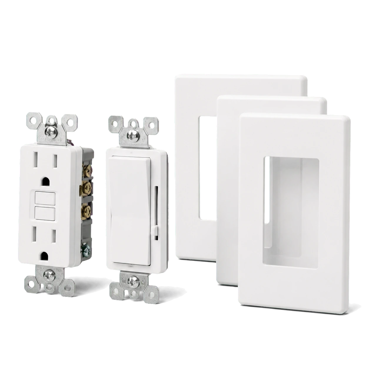3D catalog rendering of a white GFCI receptacle dimmer and screwless wall plates