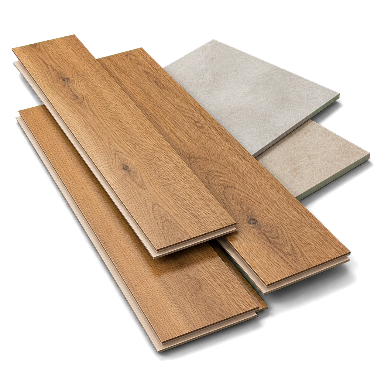 3D catalog rendering of warm oak-look planks and light stone-look bathroom flooring samples