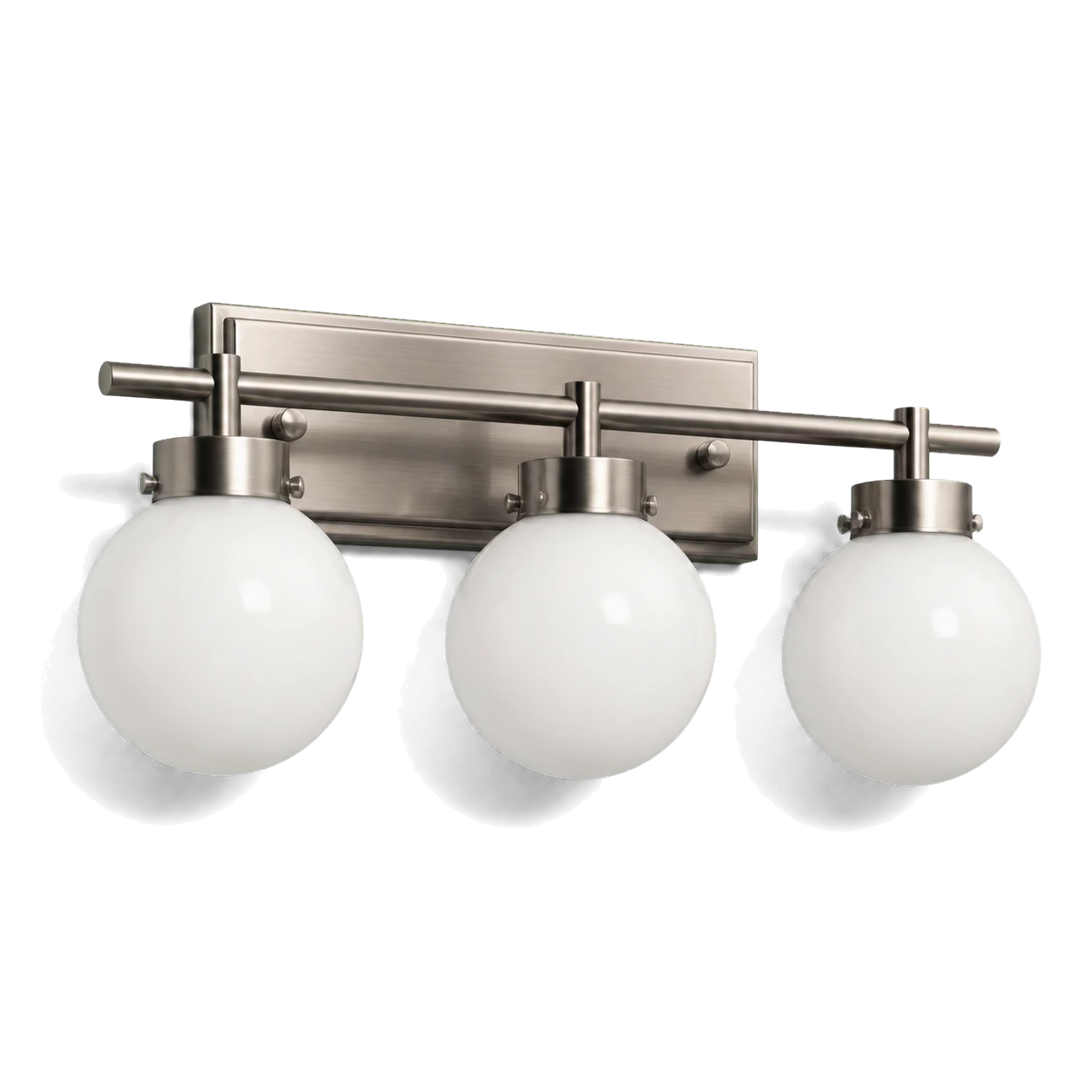 3D catalog rendering of a brushed nickel three-light bathroom vanity fixture