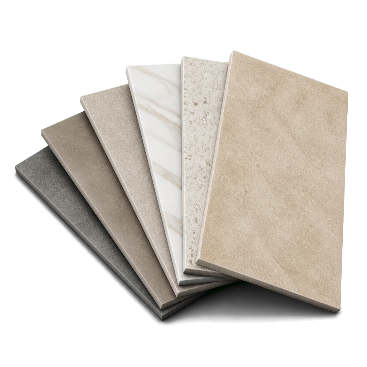 3D catalog rendering of six neutral porcelain bathroom tile samples arranged in a fan
