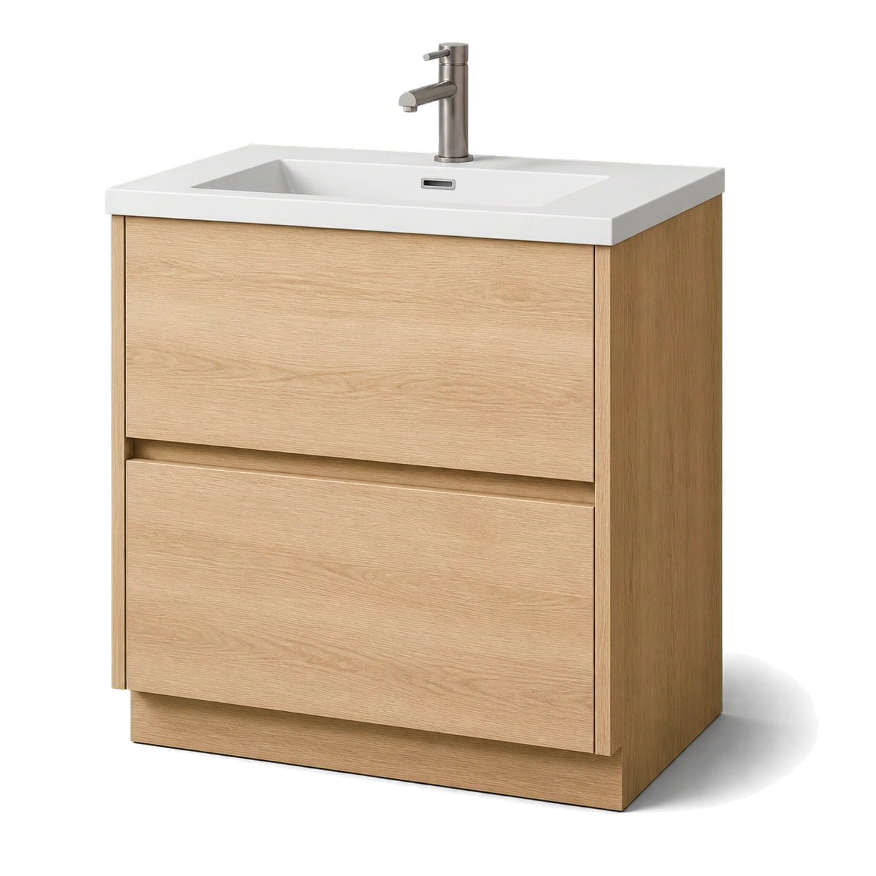 3D catalog rendering of a light oak two-drawer bathroom vanity with integrated white basin
