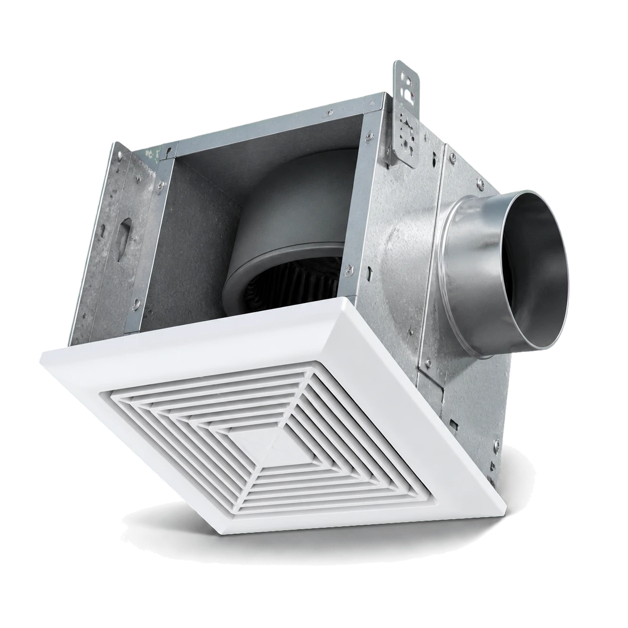 3D catalog rendering of a bathroom exhaust fan with grille housing and duct collar