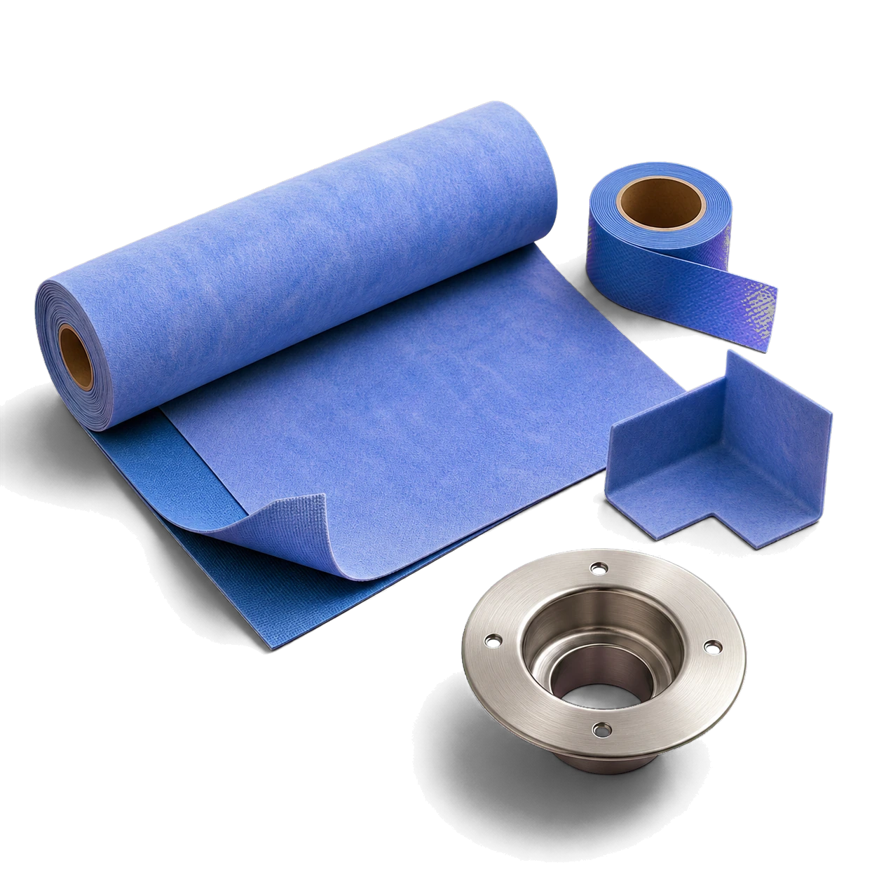 3D catalog rendering of blue bathroom waterproofing membrane seam tape and drain flange