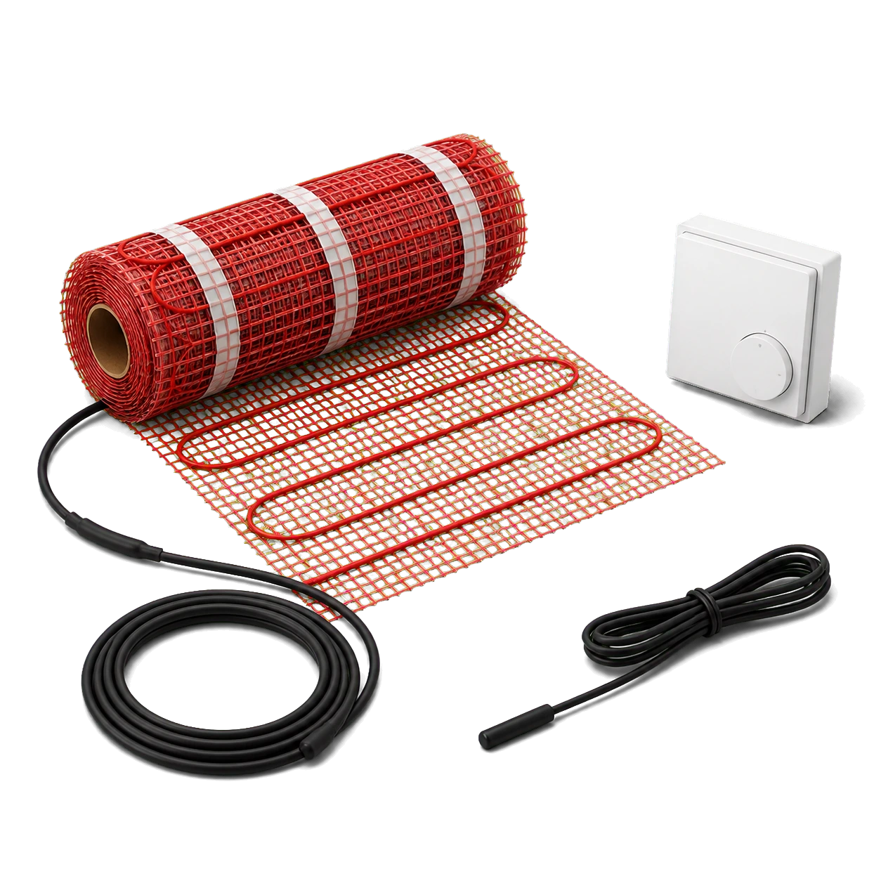 3D catalog rendering of an electric radiant floor heating mat thermostat and sensor leads