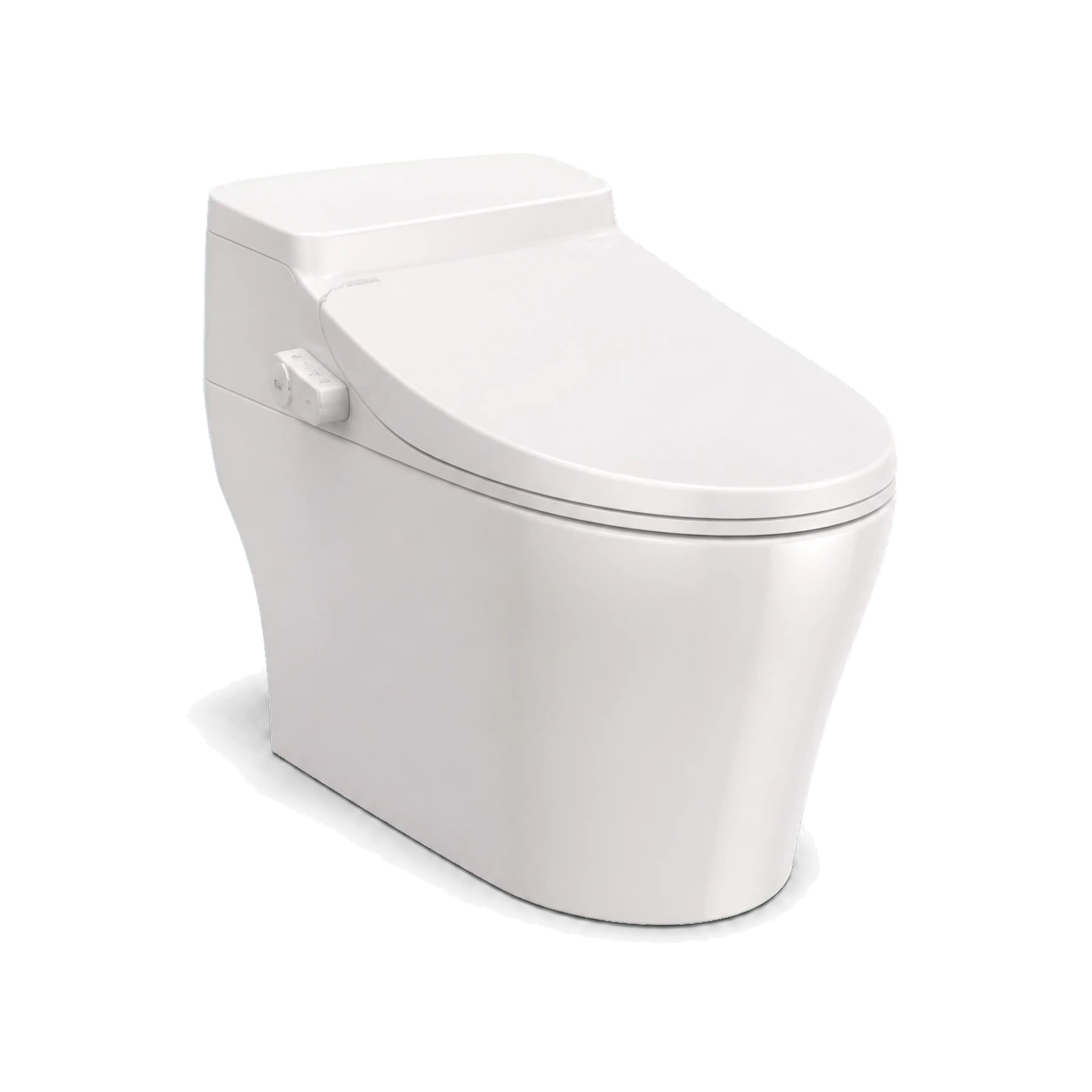 3D catalog rendering of a modern white floor-mounted smart bidet toilet with closed lid