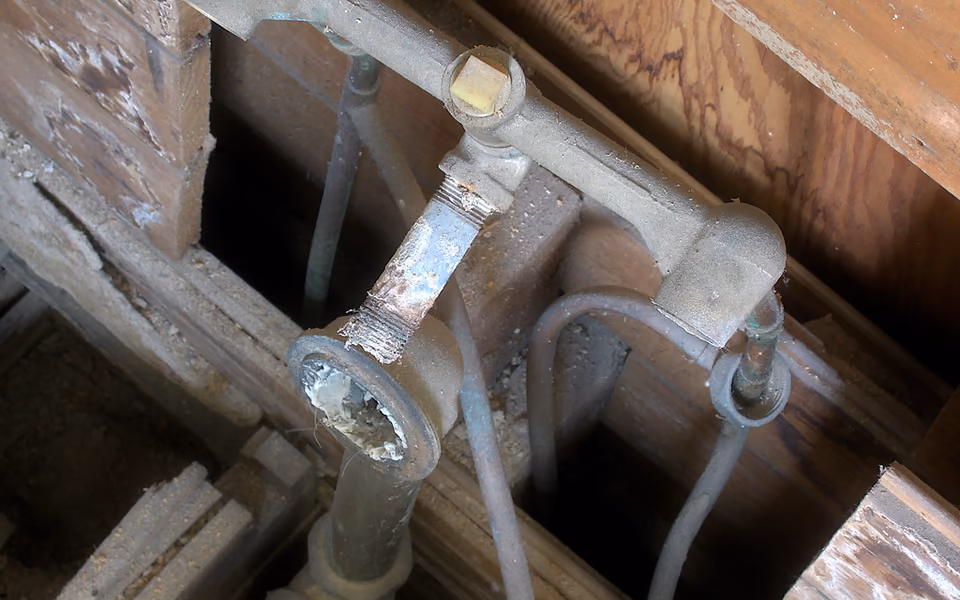 Bathroom supply and drain lines exposed beneath the subfloor